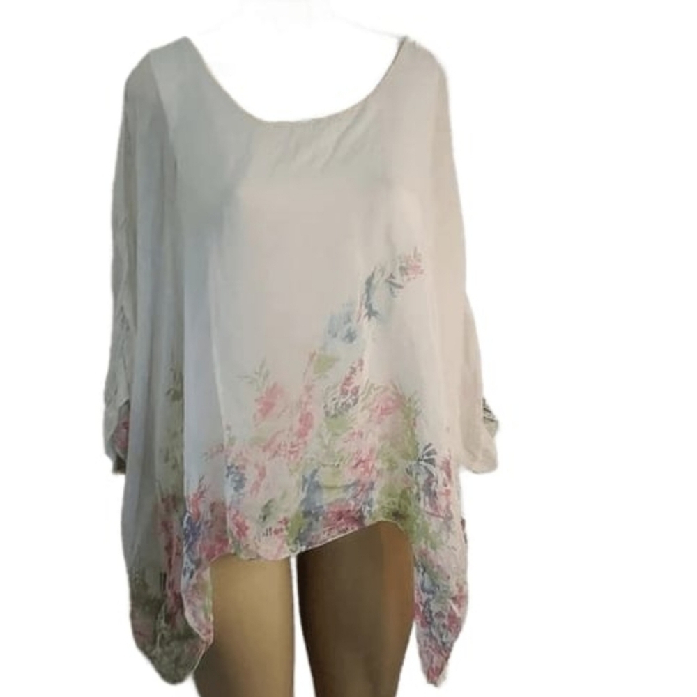 Elena Baldi Ivory Floral Tops 100% Silk Dolman Sleeve blouse size L - Picture 1 of 10